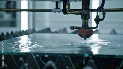 Waterjet cutting cuts transparent glass on the work table, fine sparks are clearly visible, the workshop atmosphere is clean and futuristic.