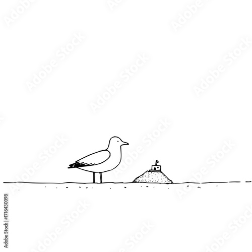 Minimalist line art of seagull and sandcastle on beach for summer vacation seaside themed designs and prints