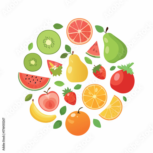 Colorful fruit slices arranged in a circular pattern, showcasing various types of fruits.