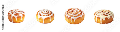 Delicious Cinnamon Roll with Cream Cheese Icing, Isolated on Black PNG set Transparent backround