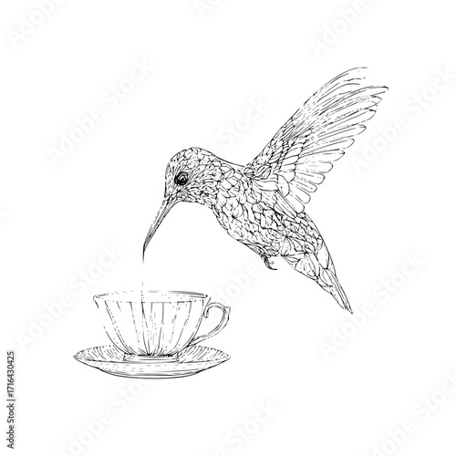 Hummingbird drinking tea drawing vintage line art illustration bird teacup caffeine beverage animal design