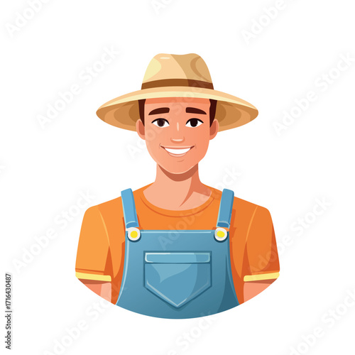 Cartoon illustration of a smiling young man wearing overalls and a straw hat, likely a farmer or agricultural worker.
