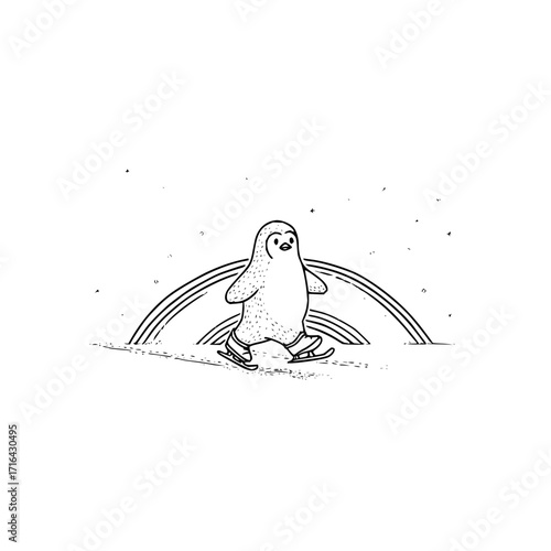 Penguin ice skating drawing cute winter animal illustration rainbow background black and white line art design