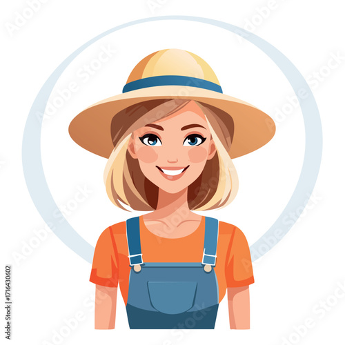 Smiling woman in straw hat and overalls, portrait illustration.