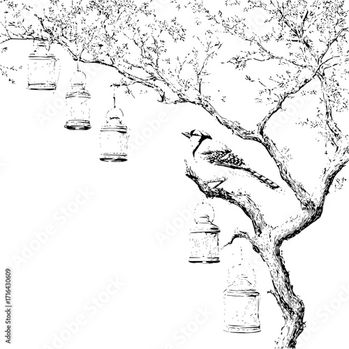 Bird perched on tree branch with hanging lanterns black and white illustration vector graphic design art