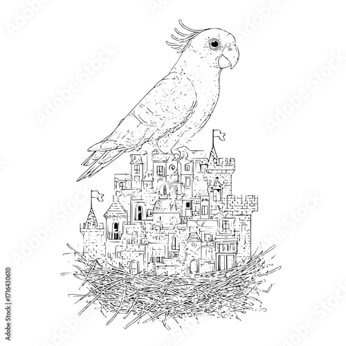 Cockatoo bird perched on castle in nest coloring page for adults and kids printable outline drawing art