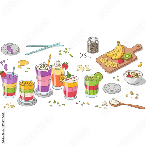 A collection of colorful and vibrant layered cocktails or mocktails in various glasses with garnishes like fresh fruit, mint, and straws, perfect for summer menus, party invitations, or social media p