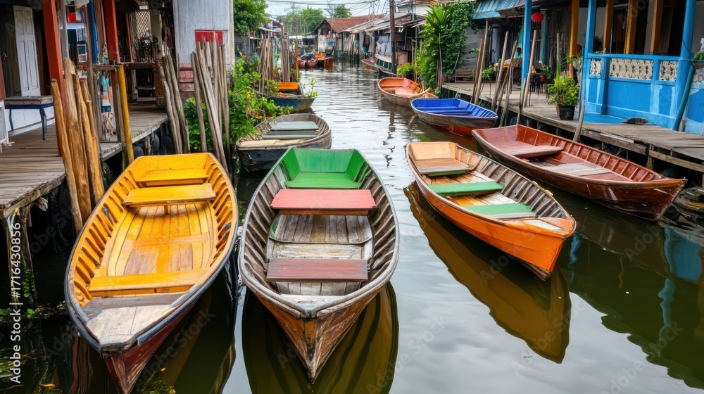 Obraz premium A scenic floating village in Samut Songkhram, wooden boats lined along the canal