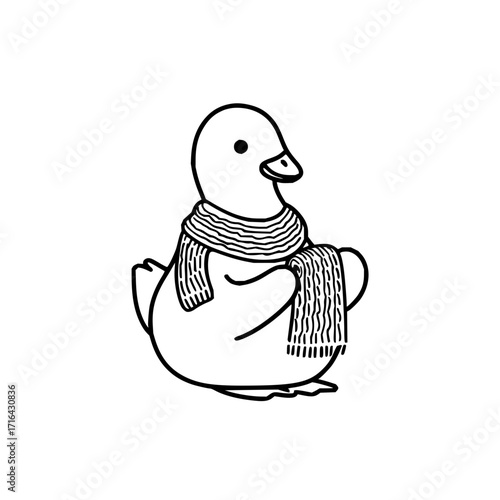 Cute winter duck with scarf vector illustration animal drawing outline design holiday season bird graphic art image