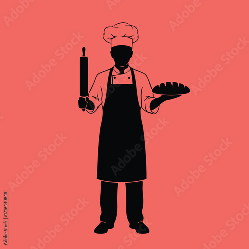 Silhouette of a professional chef holding a rolling pin and freshly baked bread on a solid red background