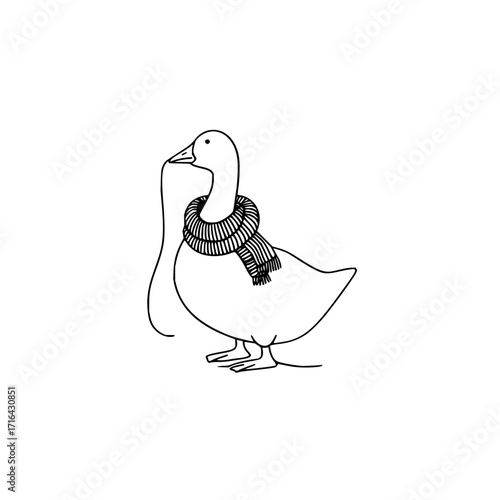 Cute line art drawing of a duck wearing a scarf winter season holiday animal vector illustration design