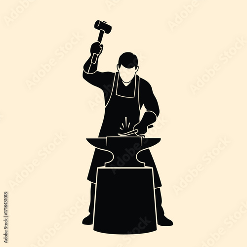Silhouette of a blacksmith hammering hot metal on an anvil in a traditional workshop scene