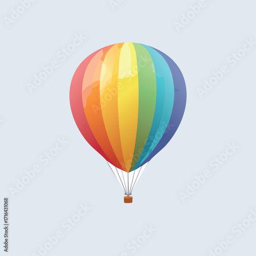 A vibrant, colorful hot air balloon floats in the sky, representing joy.