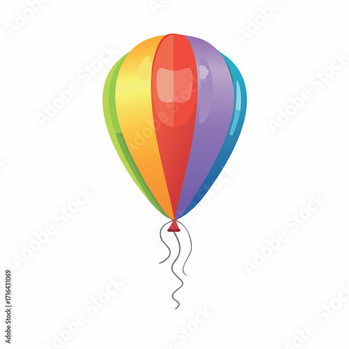 A single, colorful balloon with rainbow stripes and a string, isolated on a white background.