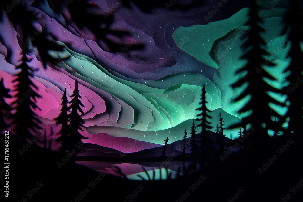 Fototapeta premium Layered paper art depicts a tranquil northern lights display over a dark forest.