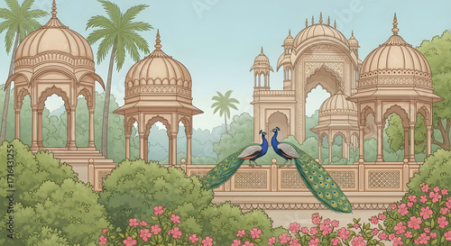 Indian palace garden with peacocks illustration background vector design for wallpaper and print art