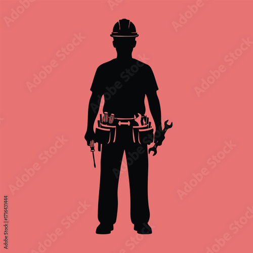 Silhouette of a construction worker wearing a hard hat and tool belt holding wrench and screwdriver