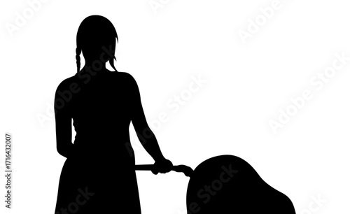 A simple, elegant silhouette of a mother pushing a baby stroller against a plain white background.