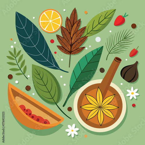 Colorful collection of fresh spices and aromatic herbs illustrated in a vibrant vector design
