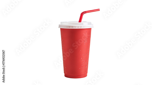 Red beverage cup with lid and straw isolated on black background for drinks and fast food lovers
