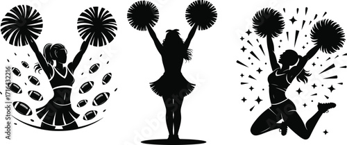 Dynamic Cheerleader Silhouette Illustration with Football Accents Black Isolated Design for Sports Graphics and Team Spirit Projects Artwork
