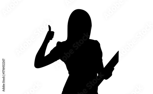Silhouette of a woman giving a thumbs-up, holding a tablet, expressing positivity and success.