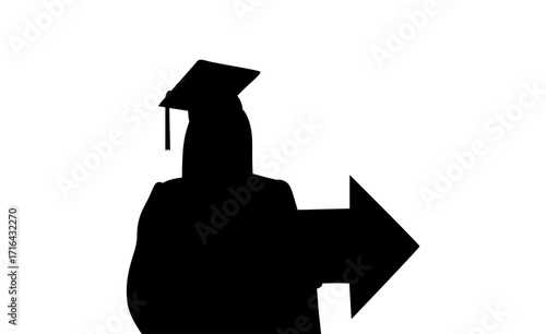 A silhouette of a student in a graduation gown and cap directs their gaze toward a large arrow pointing to the right.