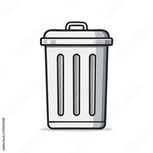 A simple illustration of a grey metal trash can with a lid.