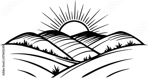 Minimalist sunrise over rolling hills sketch, black line landscape illustration with stylized sun and simple scenery