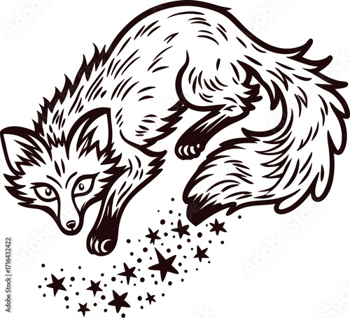 Curled fox with flowing tail and stars stylized black and white animal illustration with magical, whimsical theme