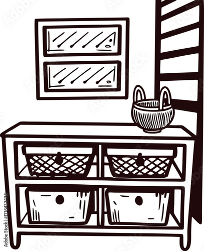 hand drawn entryway console table with storage baskets, decorative bowl and wall mirror illustration