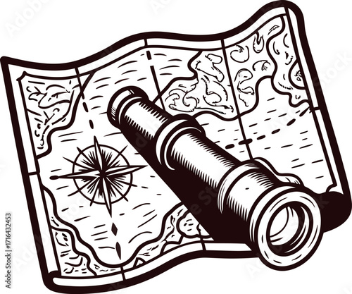 Vintage engraved illustration of a pirate treasure map and spyglass with compass rose and island terrain details