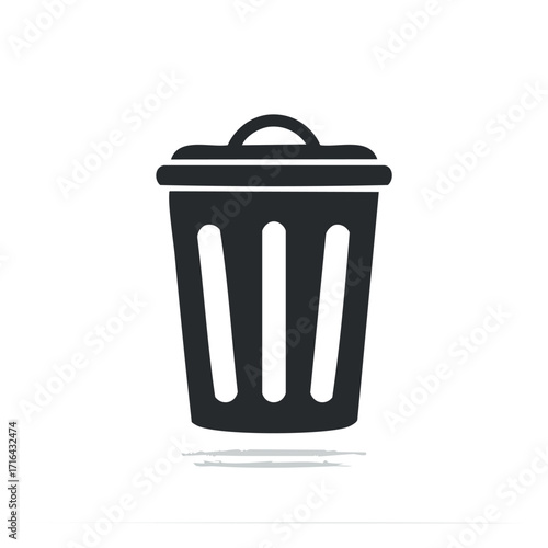 A black silhouette illustration of a trash can with a lid, isolated on a white background, casting a soft shadow.