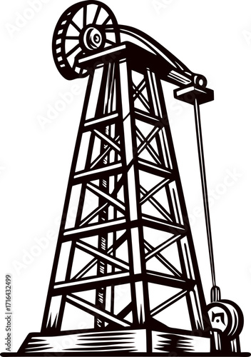 Vintage hand drawn oil pump jack illustration isolated on white background, retro engraved industrial machinery