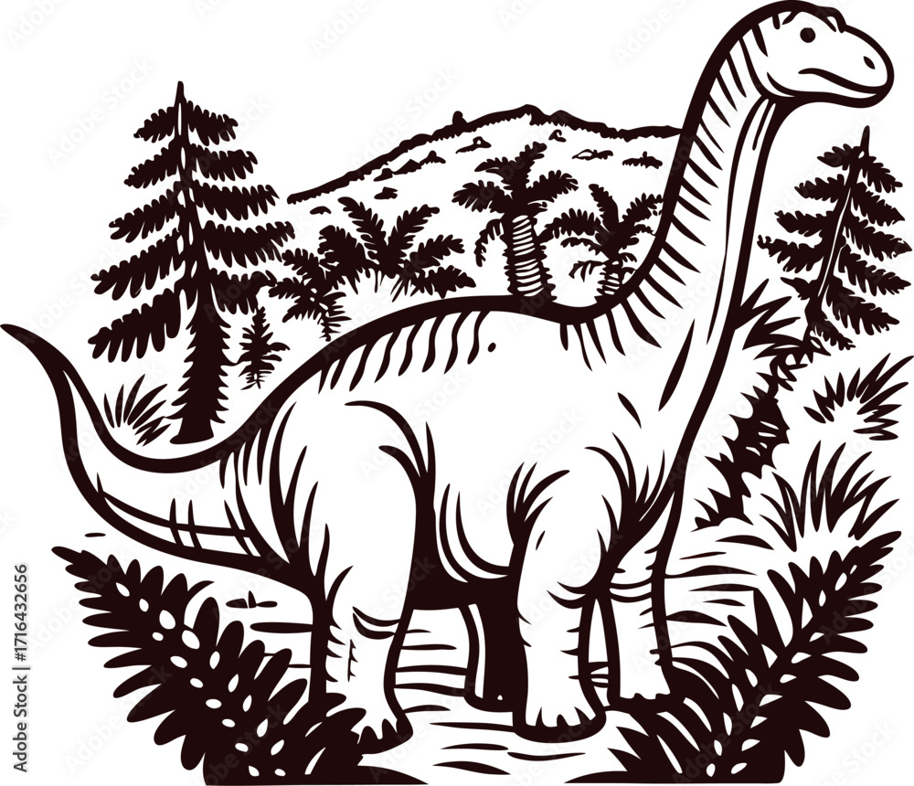 Fototapeta premium Brachiosaurus dinosaur illustration in prehistoric forest landscape with ferns and conifer trees in vintage engraved