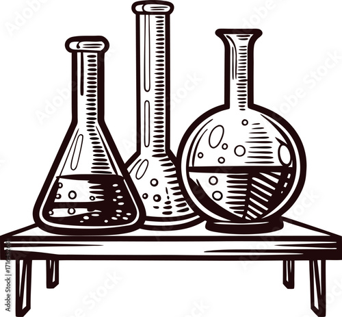 Vintage engraved drawing of three laboratory glass flasks with liquids on a wooden table