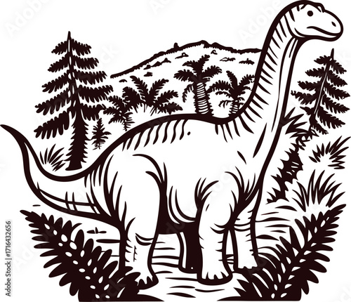 Brachiosaurus dinosaur illustration in prehistoric forest landscape with ferns and conifer trees in vintage engraved