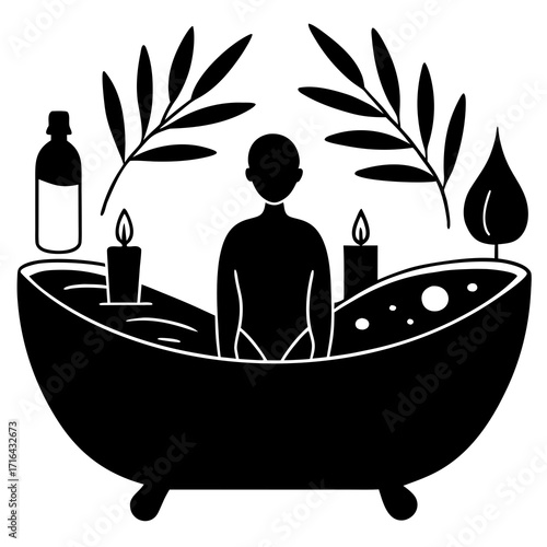 Silhouette of person in bathtub with candles and plants
