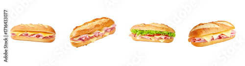 Delicious Ham and Cheese Subs on Golden Crusty Baguettes, Fresh Ingredients, PNG set Transparent backround