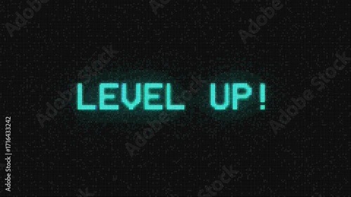  LEVEL UP! text  pixel art 8 bit game from vintage arcade computer on black background. Glitch effect. 4k video animated.