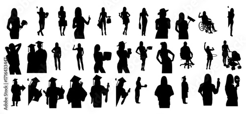 A collection of black silhouettes of people, depicting diverse professions and actions.
