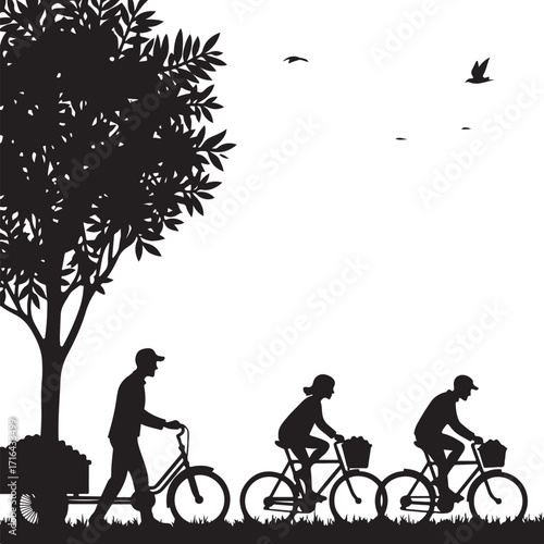 Silhouettes of people cycling with a trailer and birds flying