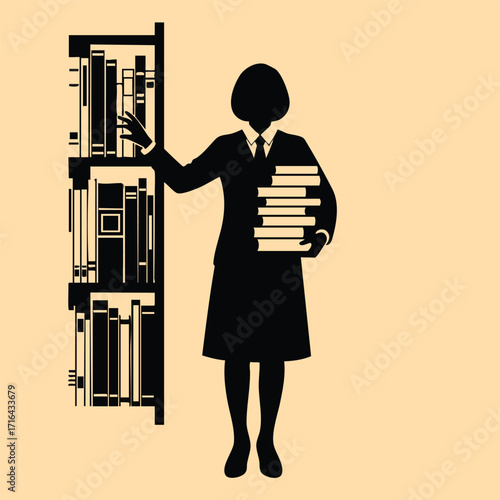 Silhouette of a woman in formal attire holding a stack of books while selecting one from a tall bookshelf indoors