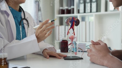 A man suffering from a urinary tract infection visits a doctor at the examination table in a hospital. Symptoms. Talk about enlarged prostate. Male reproductive system. Asian doctor.