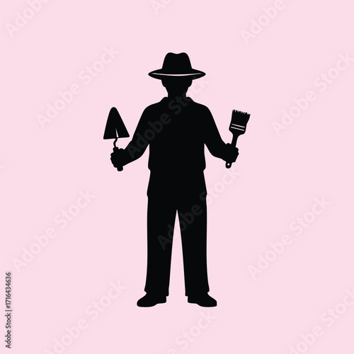 Silhouette of a person wearing a hat holding a garden trowel and paintbrush against a pink background