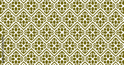 Olive green and white seamless geometric pattern with lattice-style floral elements, suitable for elegant backgrounds or textiles.