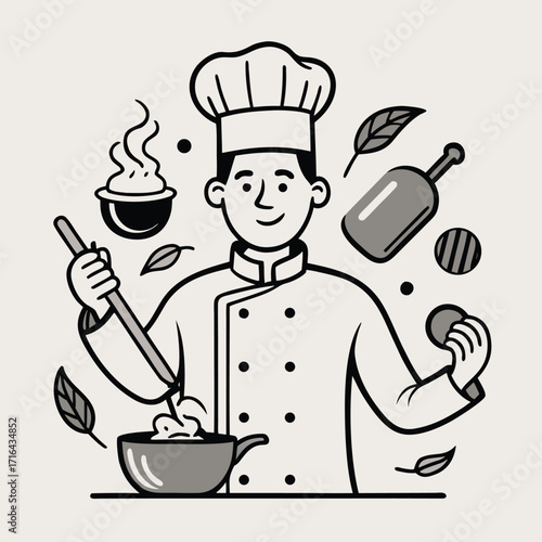 Line art illustration of a chef in a kitchen preparing food with culinary tools