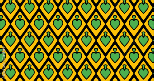 Bright green and yellow seamless pattern with heart-shaped motifs in diamond grid, great for playful and cheerful designs.