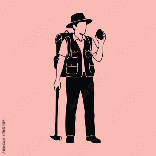 Silhouette of a geologist holding a rock and hammer wearing outdoor gear and a wide-brimmed hat on a pink background