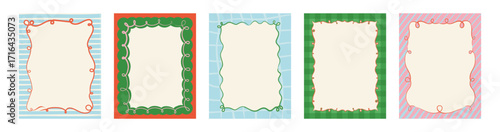 Set of doodle hand drawn  Xmas frames with  ribbon and bows, lights garlands. Hand drawn la dolce vita Christmas doodles.Minimalist line art. Trendy borders for holiday poster, christmas invitation, g